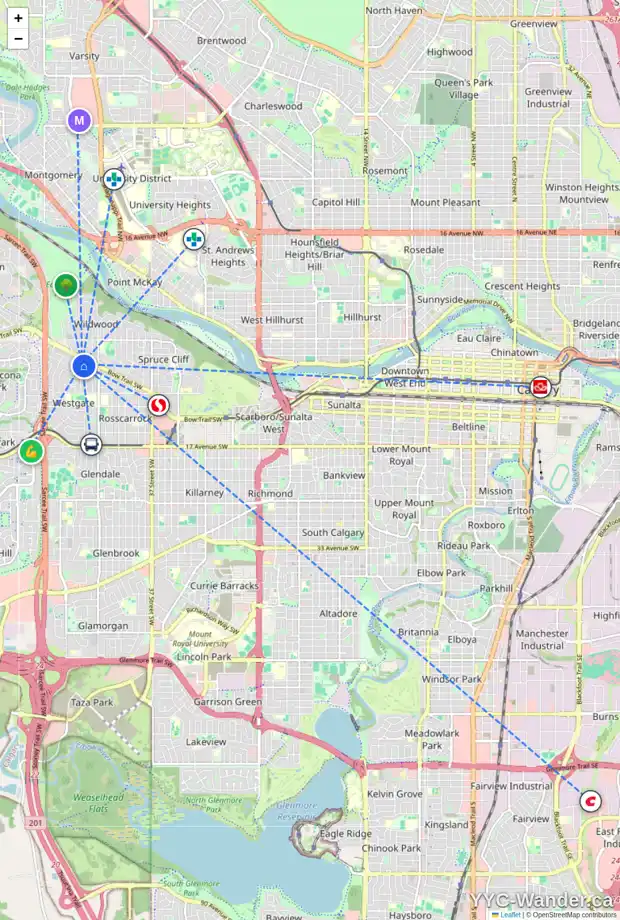 Daily accessibility map for 110 WARWICK DR SW, Calgary showing nearby schools, grocery stores, parks, LRT stations and nearby amenities