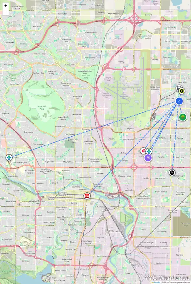 Daily accessibility map for 100 MARTINWOOD RD NE, Calgary showing nearby schools, grocery stores, parks, LRT stations and nearby amenities