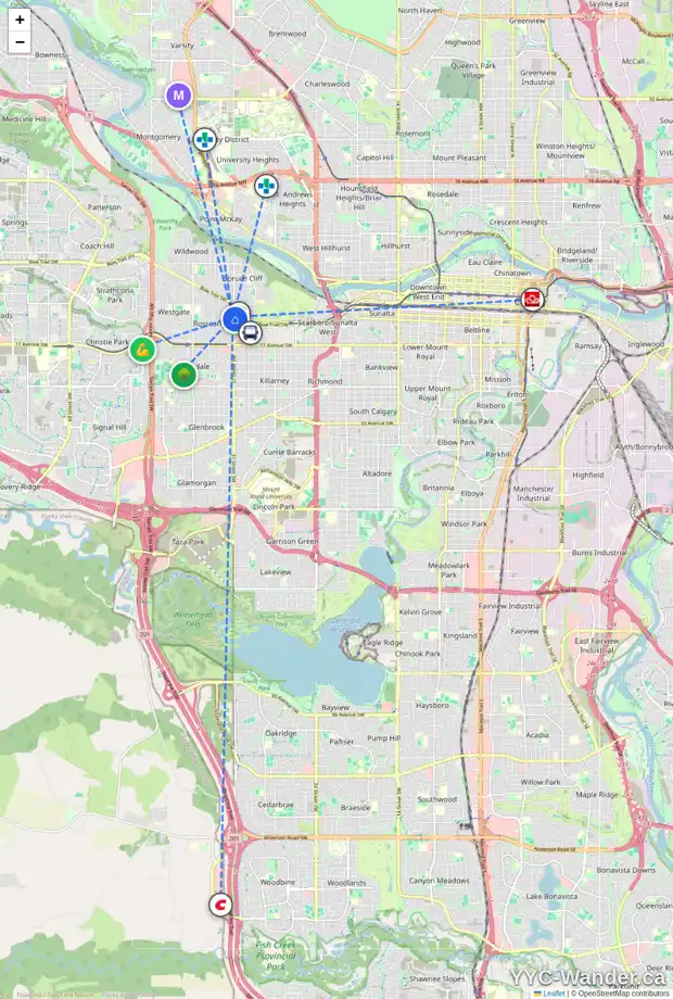 Daily accessibility map for 102 1113 37 ST SW, Calgary showing nearby schools, grocery stores, parks, LRT stations and nearby amenities