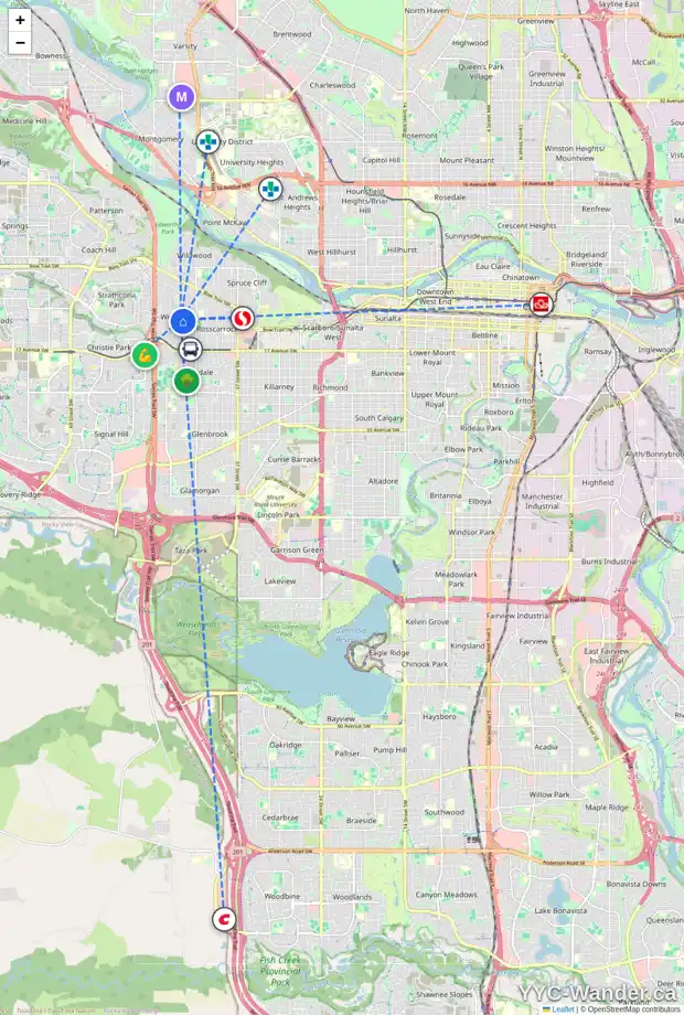 Daily accessibility map for 4923 10 AV SW, Calgary showing nearby schools, grocery stores, parks, LRT stations and nearby amenities