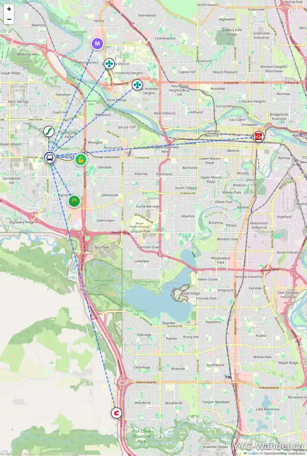 Daily accessibility map for 7003 CHRISTIE BRIAR MR SW, Calgary showing nearby schools, grocery stores, parks, LRT stations and nearby amenities