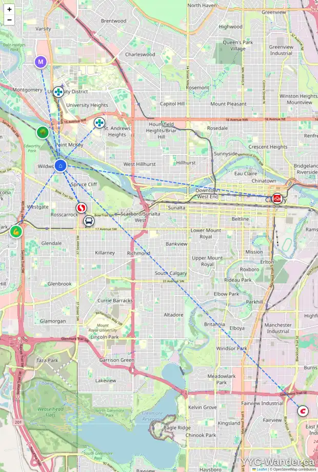Daily accessibility map for 90 WALNUT DR SW, Calgary showing nearby schools, grocery stores, parks, LRT stations and nearby amenities