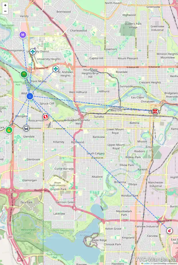 Daily accessibility map for 23 WALNUT DR SW, Calgary showing nearby schools, grocery stores, parks, LRT stations and nearby amenities