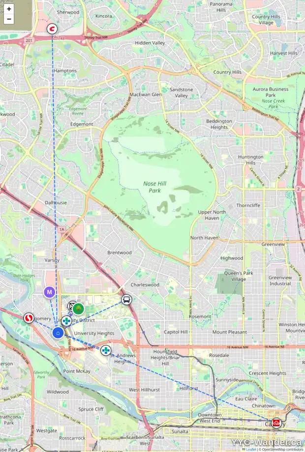 Daily accessibility map for 4419 21 AV NW, Calgary showing nearby schools, grocery stores, parks, LRT stations and nearby amenities