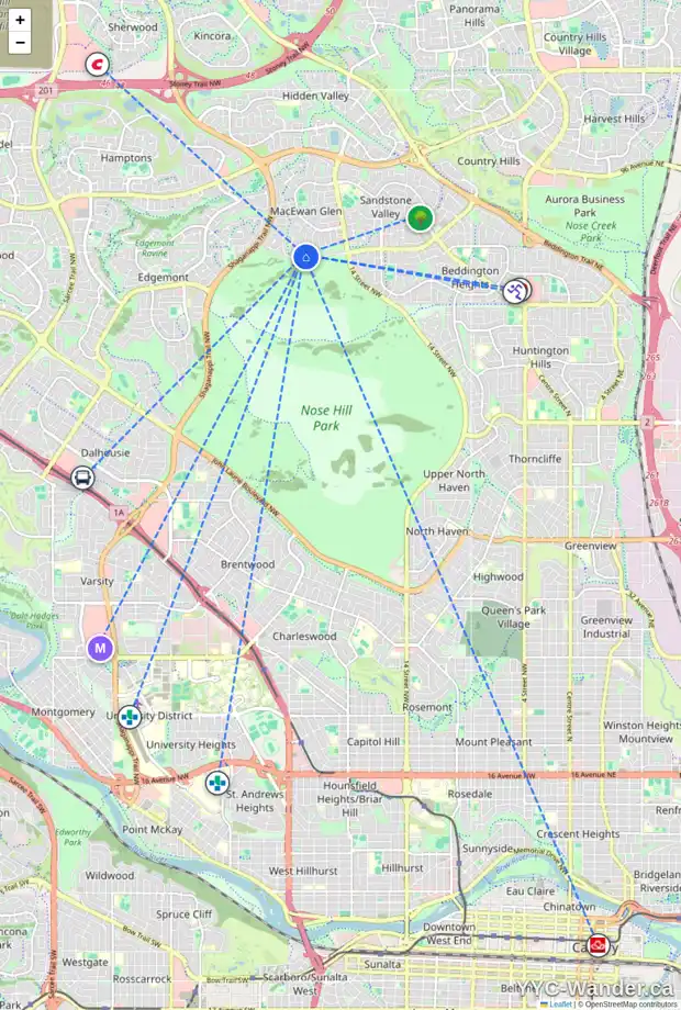Daily accessibility map for 14 MACEWAN PARK VW NW, Calgary showing nearby schools, grocery stores, parks, LRT stations and nearby amenities