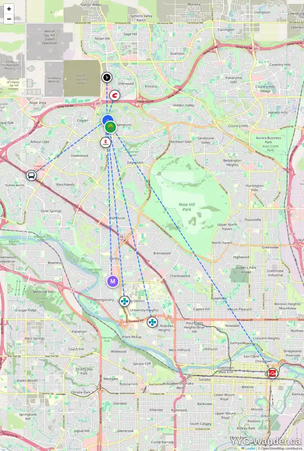Daily accessibility map for 112 HAMPTONS SQ NW, Calgary showing nearby schools, grocery stores, parks, LRT stations and nearby amenities