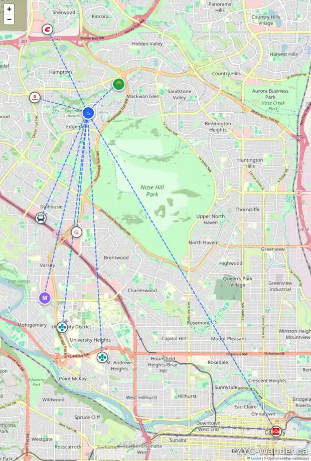 Daily accessibility map for 30 EDGEVALLEY CL NW, Calgary showing nearby schools, grocery stores, parks, LRT stations and nearby amenities