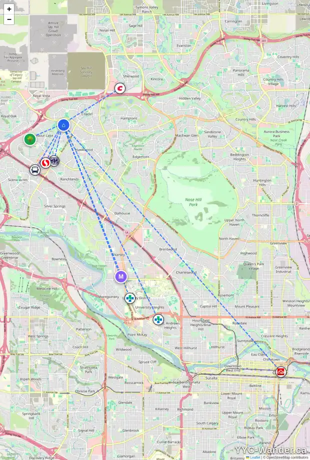 Daily accessibility map for 28 ARBOUR RIDGE PL NW, Calgary showing nearby schools, grocery stores, parks, LRT stations and nearby amenities
