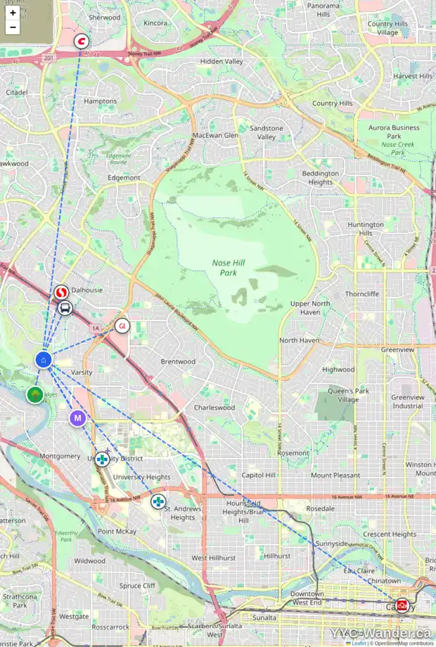 Daily accessibility map for 4540 VARSITY GR NW, Calgary showing nearby schools, grocery stores, parks, LRT stations and nearby amenities