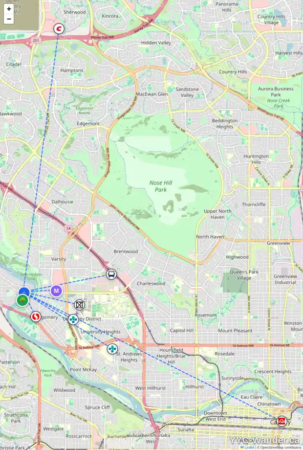 Daily accessibility map for 5827 BOWWATER CR NW, Calgary showing nearby schools, grocery stores, parks, LRT stations and nearby amenities