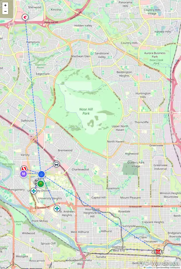 Daily accessibility map for 3403 VARAL RD NW, Calgary showing nearby schools, grocery stores, parks, LRT stations and nearby amenities