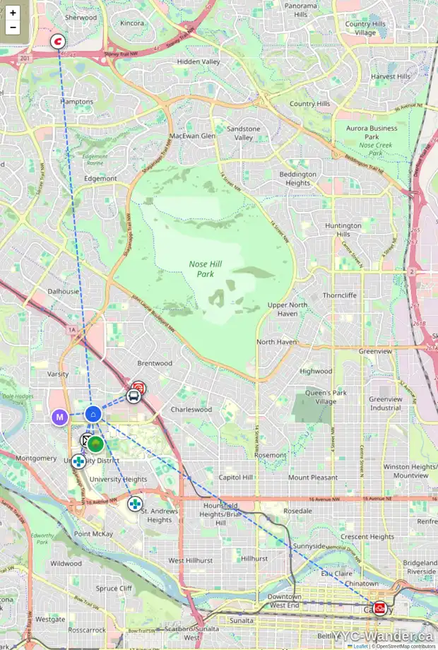 Daily accessibility map for 10 VARAL PL NW, Calgary showing nearby schools, grocery stores, parks, LRT stations and nearby amenities