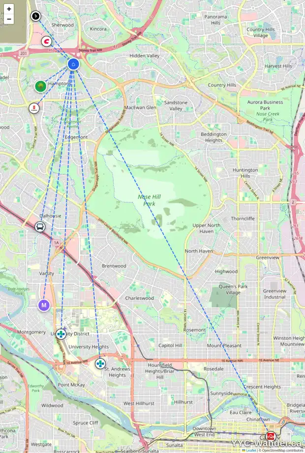 Daily accessibility map for 39 HAMPTONS BA NW, Calgary showing nearby schools, grocery stores, parks, LRT stations and nearby amenities