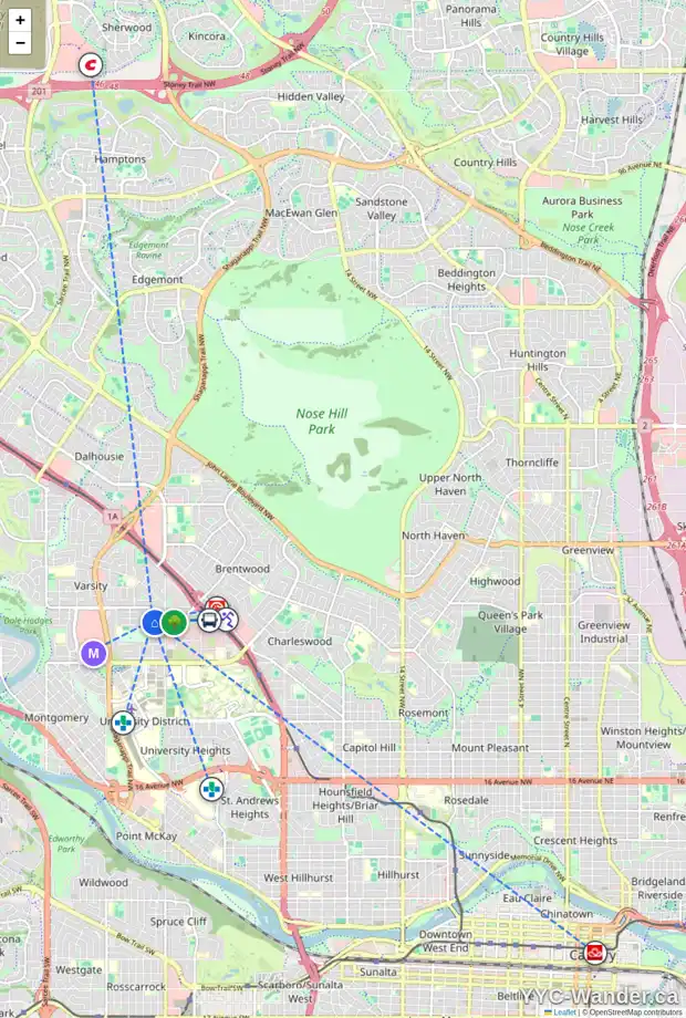 Daily accessibility map for 32 VARCREST PL NW, Calgary showing nearby schools, grocery stores, parks, LRT stations and nearby amenities