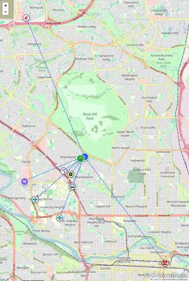 Daily accessibility map for 4511 CHAPEL RD NW, Calgary showing nearby schools, grocery stores, parks, LRT stations and nearby amenities