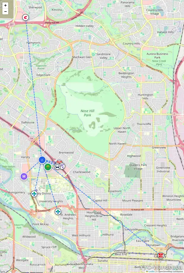 Daily accessibility map for 3851 VARSITY DR NW, Calgary showing nearby schools, grocery stores, parks, LRT stations and nearby amenities