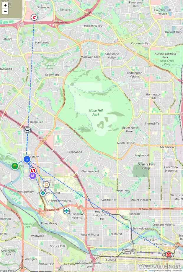 Daily accessibility map for 5215 VALIANT DR NW, Calgary showing nearby schools, grocery stores, parks, LRT stations and nearby amenities