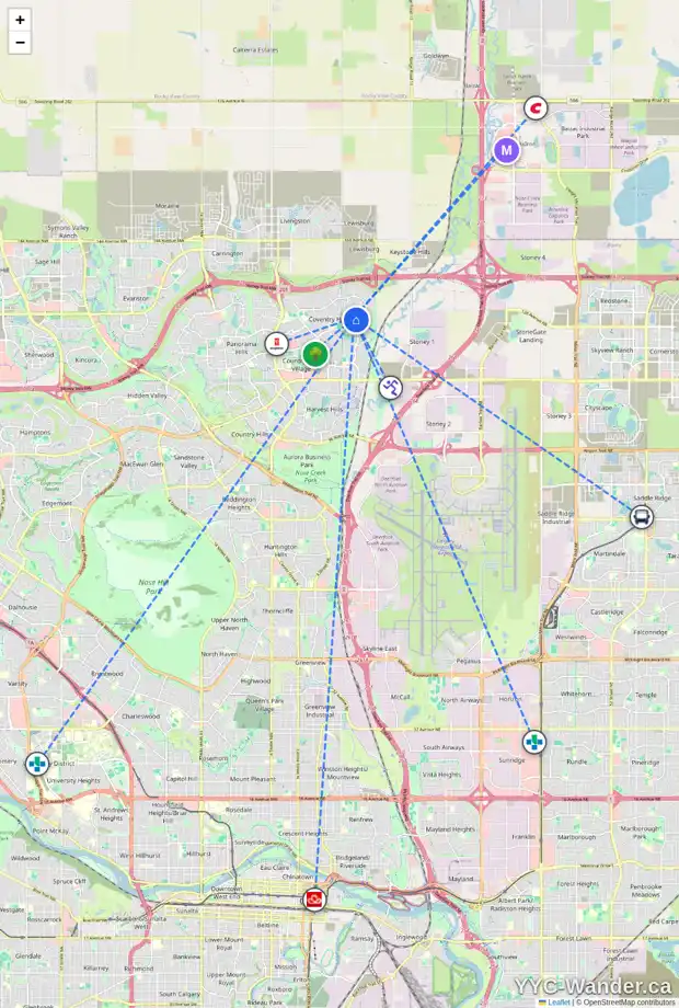 Daily accessibility map for 115 COVEWOOD PA NE, Calgary showing nearby schools, grocery stores, parks, LRT stations and nearby amenities