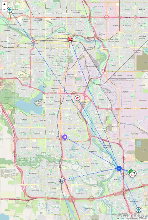 Daily accessibility map for 34 MT DOUGLAS CL SE, Calgary showing nearby schools, grocery stores, parks, LRT stations and nearby amenities