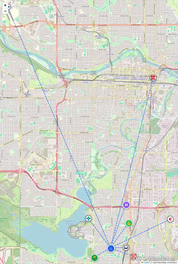 Daily accessibility map for 112 8607 ELBOW DR SW, Calgary showing nearby schools, grocery stores, parks, LRT stations and nearby amenities