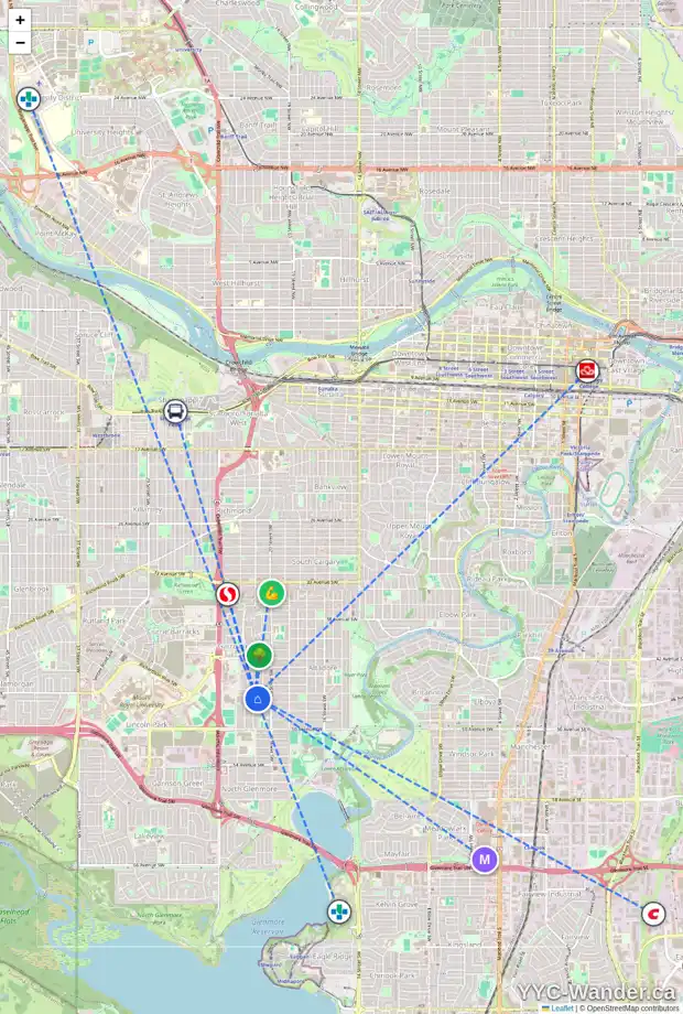 Daily accessibility map for 4708 21 ST SW, Calgary showing nearby schools, grocery stores, parks, LRT stations and nearby amenities