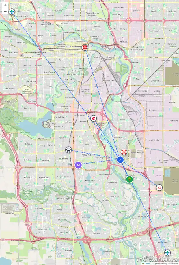 Daily accessibility map for 56 DOUGLAS GLEN HT SE, Calgary showing nearby schools, grocery stores, parks, LRT stations and nearby amenities