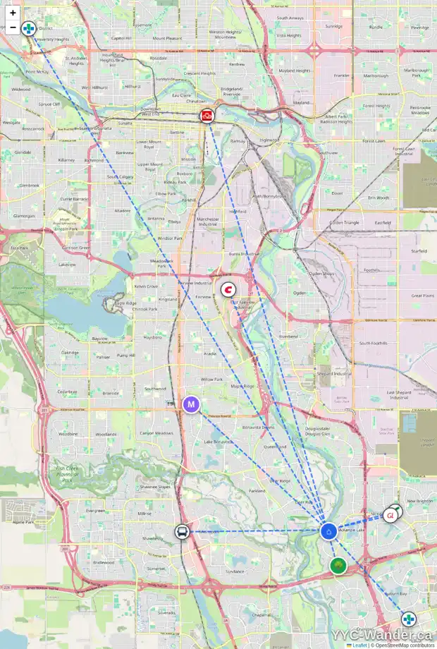 Daily accessibility map for 24 MT BELCHER PL SE, Calgary showing nearby schools, grocery stores, parks, LRT stations and nearby amenities