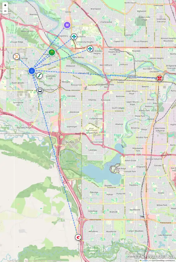 Daily accessibility map for 2 STRATHRIDGE CO SW, Calgary showing nearby schools, grocery stores, parks, LRT stations and nearby amenities
