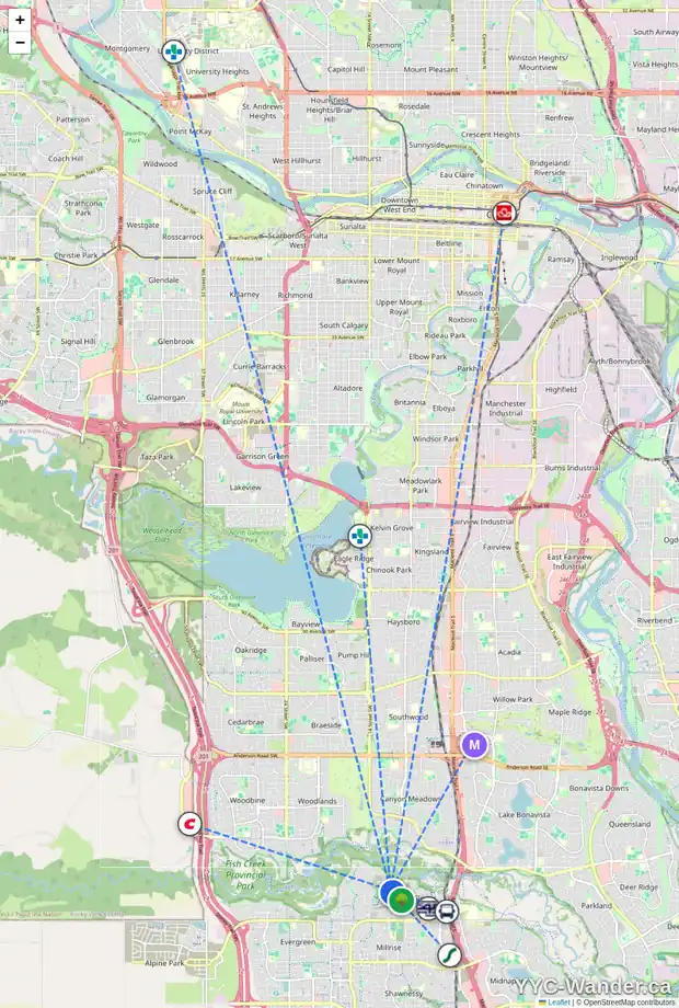 Daily accessibility map for 931 SHAWNEE DR SW, Calgary showing nearby schools, grocery stores, parks, LRT stations and nearby amenities
