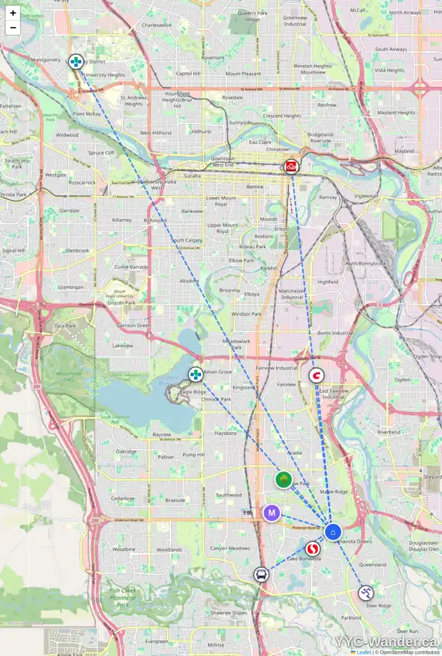 Daily accessibility map for 95 LAKE WAPTA RI SE, Calgary showing nearby schools, grocery stores, parks, LRT stations and nearby amenities