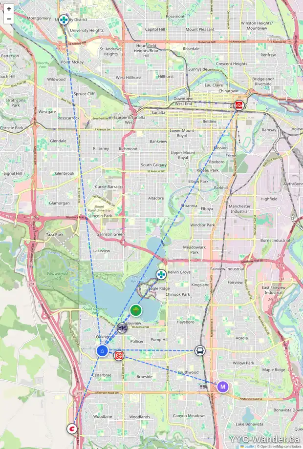 Daily accessibility map for 2926 OAKMOOR CR SW, Calgary showing nearby schools, grocery stores, parks, LRT stations and nearby amenities