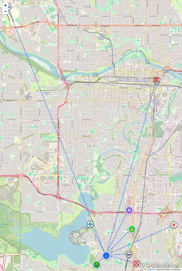 Daily accessibility map for 39 HAVERHILL RD SW, Calgary showing nearby schools, grocery stores, parks, LRT stations and nearby amenities