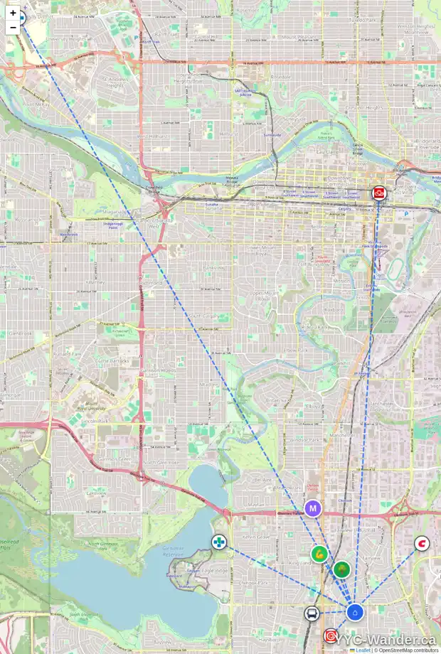 Daily accessibility map for 320 84 AV SE, Calgary showing nearby schools, grocery stores, parks, LRT stations and nearby amenities