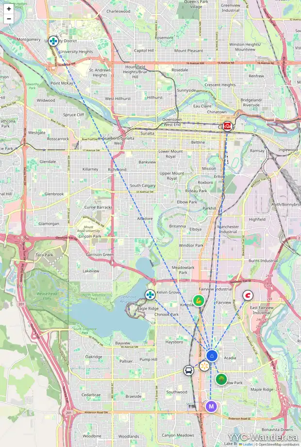 Daily accessibility map for 314 ADAMS CR SE, Calgary showing nearby schools, grocery stores, parks, LRT stations and nearby amenities