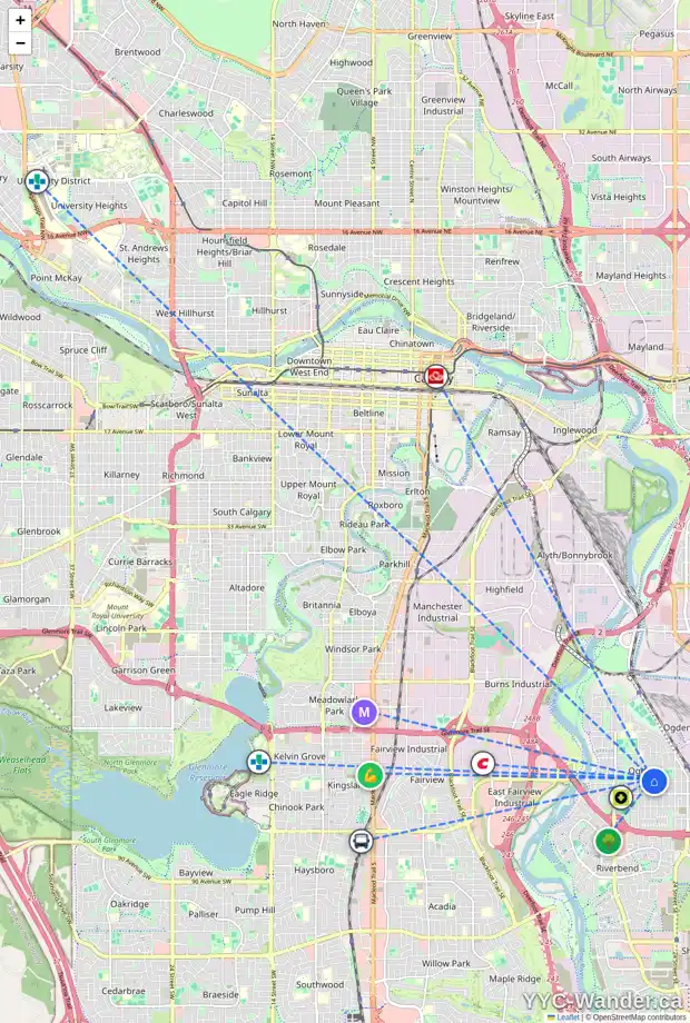 Daily accessibility map for 7232 21A ST SE, Calgary showing nearby schools, grocery stores, parks, LRT stations and nearby amenities