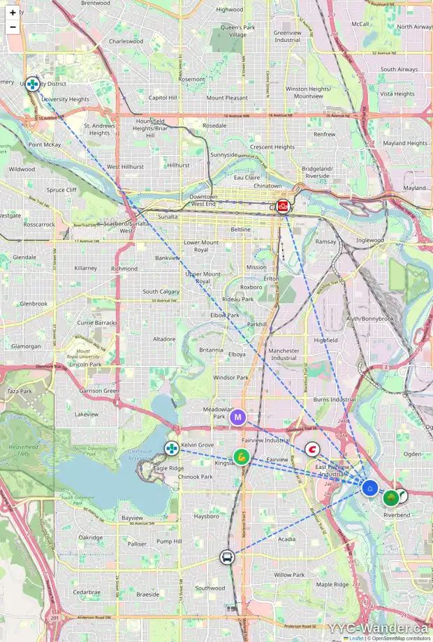 Daily accessibility map for 7 RIVERSIDE WY SE, Calgary showing nearby schools, grocery stores, parks, LRT stations and nearby amenities