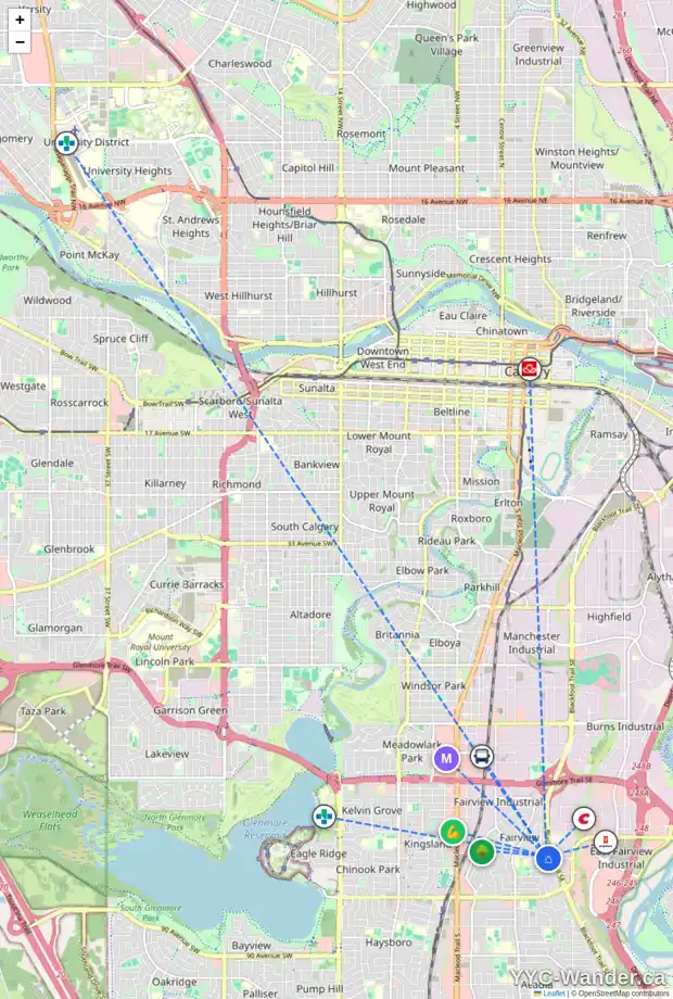 Daily accessibility map for 124 FYFFE RD SE, Calgary showing nearby schools, grocery stores, parks, LRT stations and nearby amenities