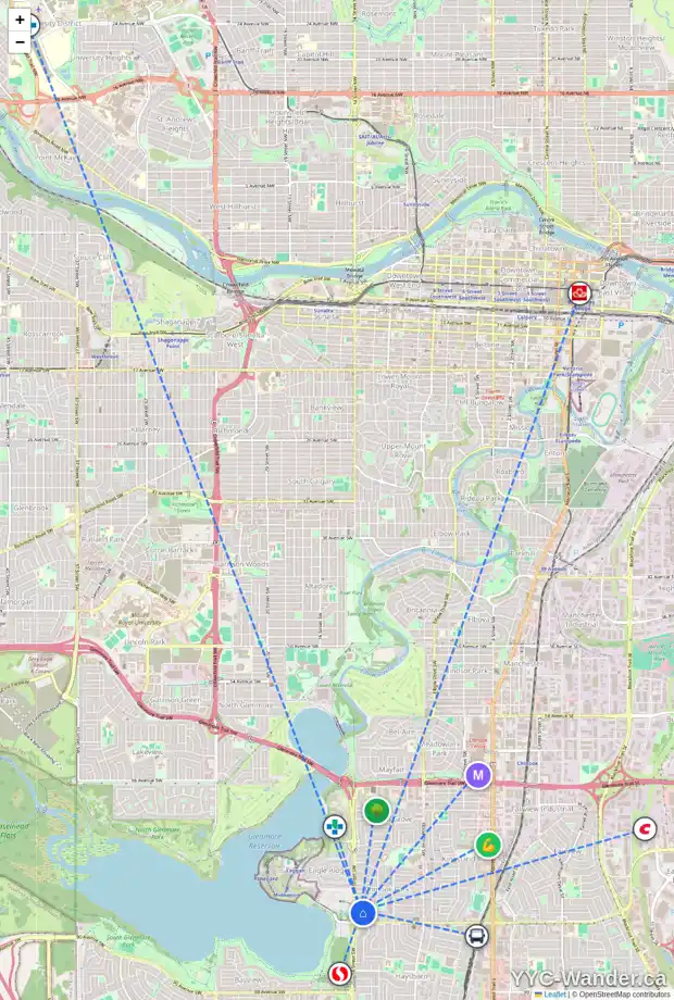 Daily accessibility map for 1431 COLLEEN AV SW, Calgary showing nearby schools, grocery stores, parks, LRT stations and nearby amenities
