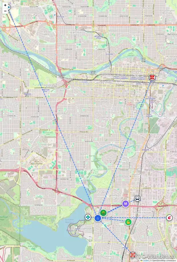 Daily accessibility map for 7243 KANANASKIS DR SW, Calgary showing nearby schools, grocery stores, parks, LRT stations and nearby amenities