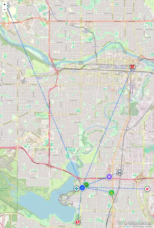 Daily accessibility map for 1423 70 AV SW, Calgary showing nearby schools, grocery stores, parks, LRT stations and nearby amenities