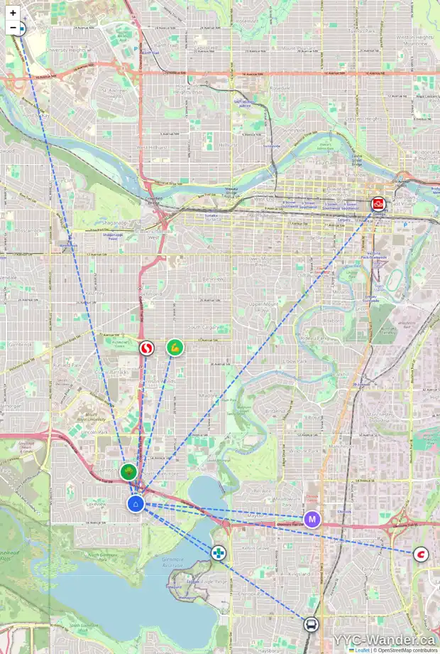 Daily accessibility map for 2603 LOUGHEED DR SW, Calgary showing nearby schools, grocery stores, parks, LRT stations and nearby amenities