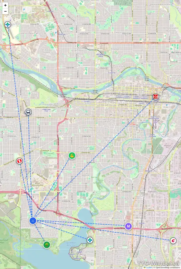 Daily accessibility map for 3416 62 AV SW, Calgary showing nearby schools, grocery stores, parks, LRT stations and nearby amenities
