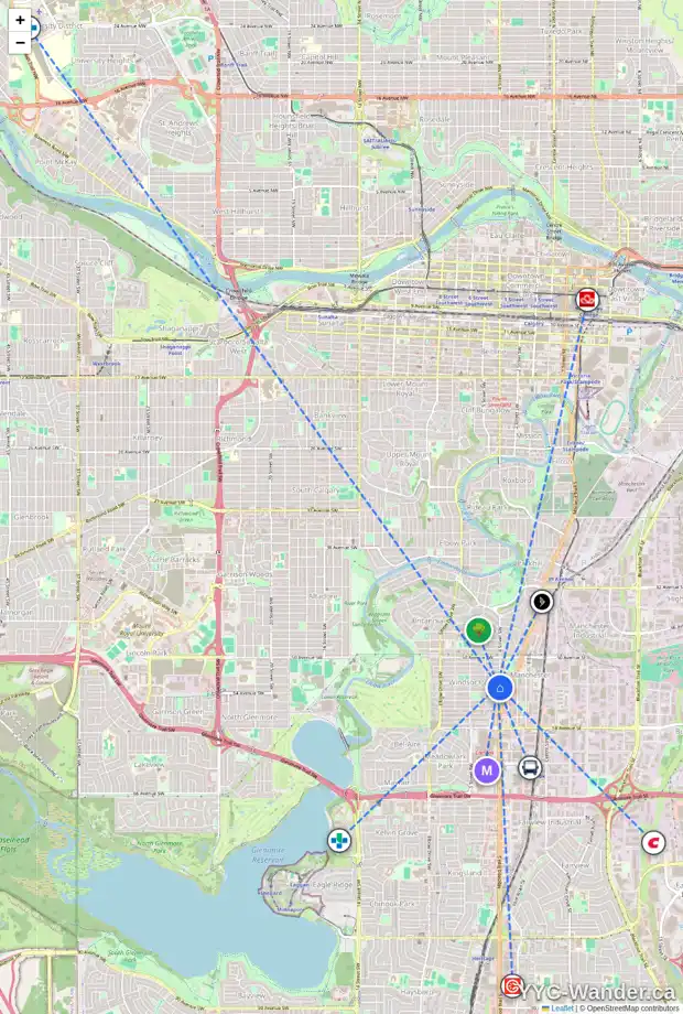 Daily accessibility map for 403 53 AV SW, Calgary showing nearby schools, grocery stores, parks, LRT stations and nearby amenities
