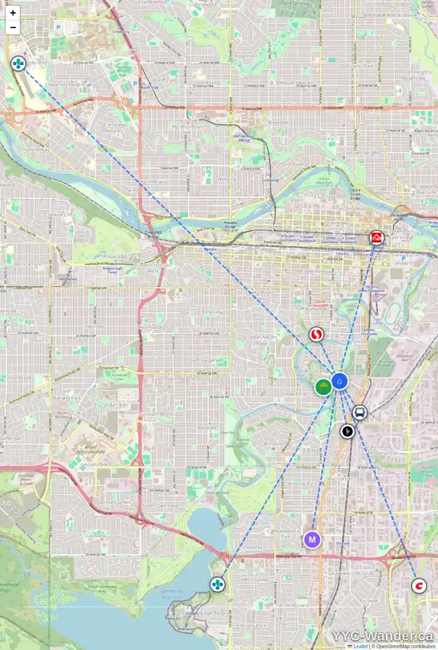 Daily accessibility map for 137 34 AV SW, Calgary showing nearby schools, grocery stores, parks, LRT stations and nearby amenities