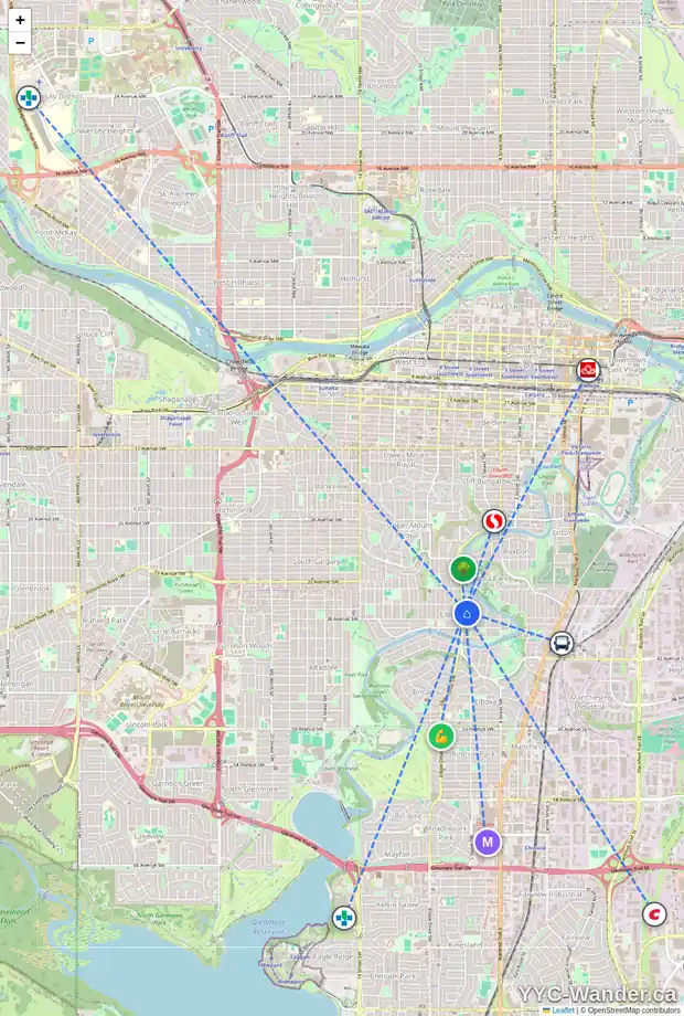 Daily accessibility map for 3818 ELBOW DR SW, Calgary showing nearby schools, grocery stores, parks, LRT stations and nearby amenities