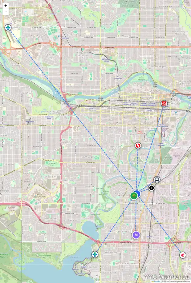 Daily accessibility map for 440 46 AV SW, Calgary showing nearby schools, grocery stores, parks, LRT stations and nearby amenities