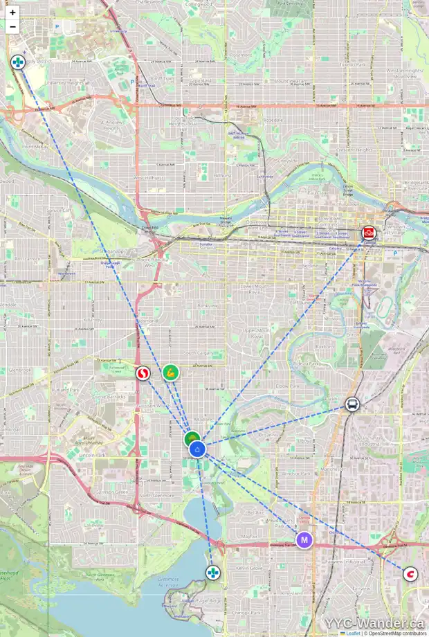Daily accessibility map for 1735 48 AV SW, Calgary showing nearby schools, grocery stores, parks, LRT stations and nearby amenities
