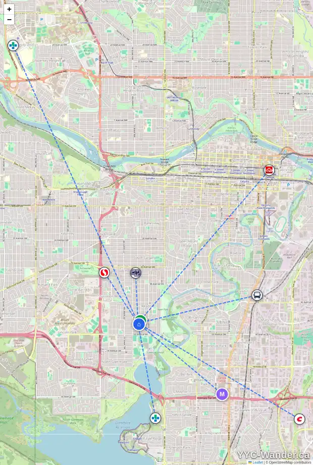 Daily accessibility map for 1915 47 AV SW, Calgary showing nearby schools, grocery stores, parks, LRT stations and nearby amenities
