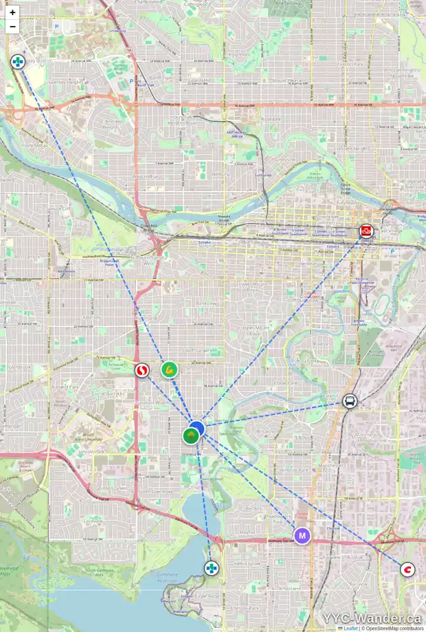 Daily accessibility map for 4607 16A ST SW, Calgary showing nearby schools, grocery stores, parks, LRT stations and nearby amenities