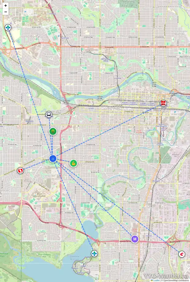Daily accessibility map for 2632 32 AV SW, Calgary showing nearby schools, grocery stores, parks, LRT stations and nearby amenities